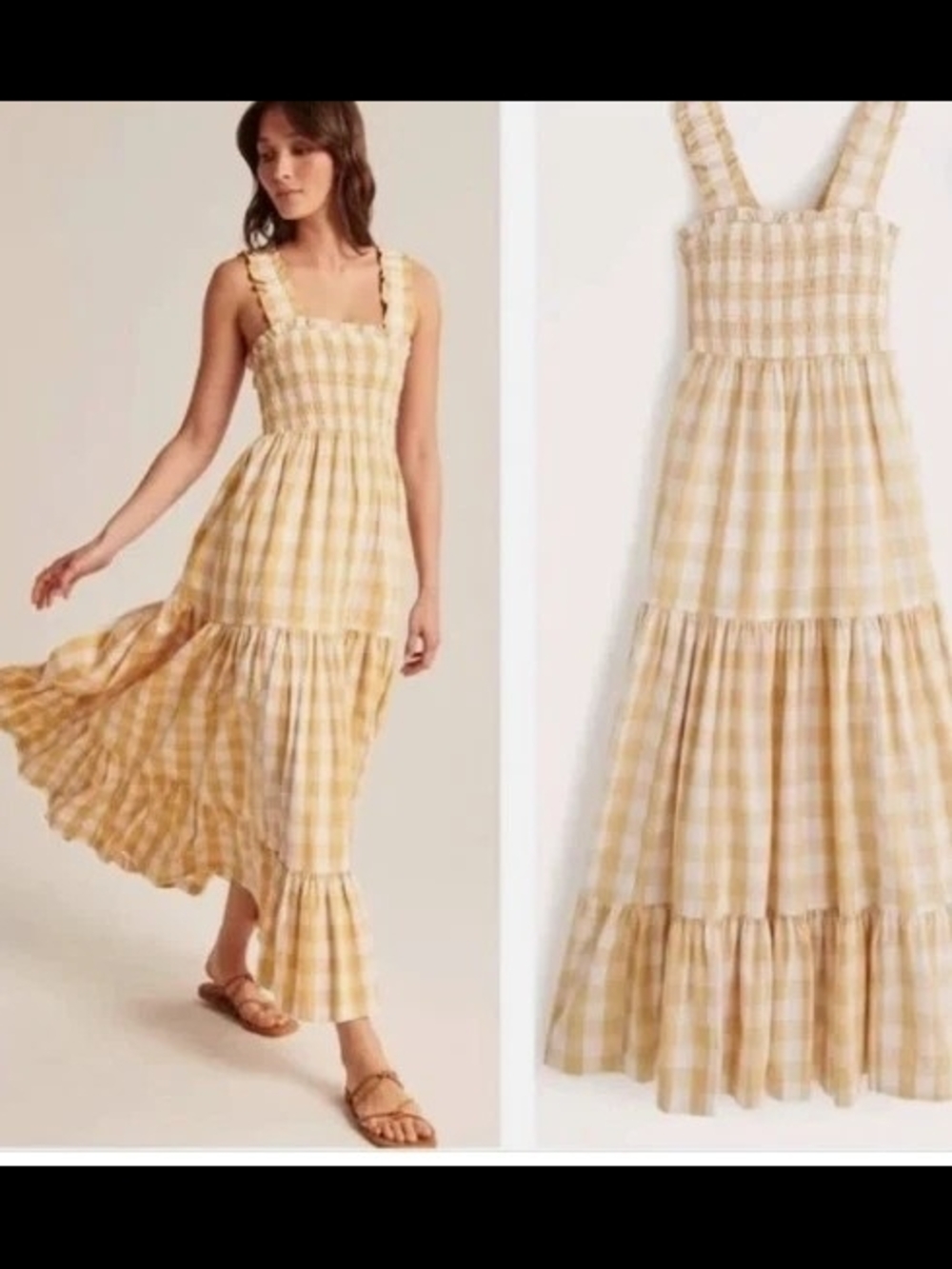 Abercrombie&Fitch 100% Cotton Gingham Smocked Tiered Maxi Dress Butter Yellow LT - Picture 2 of 16